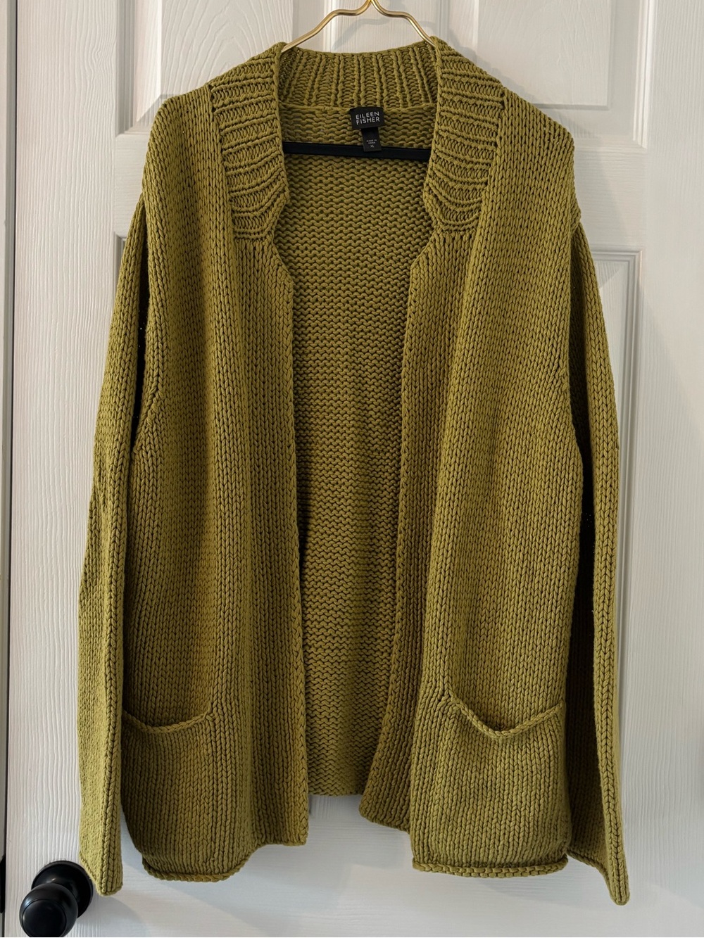 Eileen Fisher Chartreuse Olive Green Chunky Knit Cardigan Sweater XL Rolled Hem